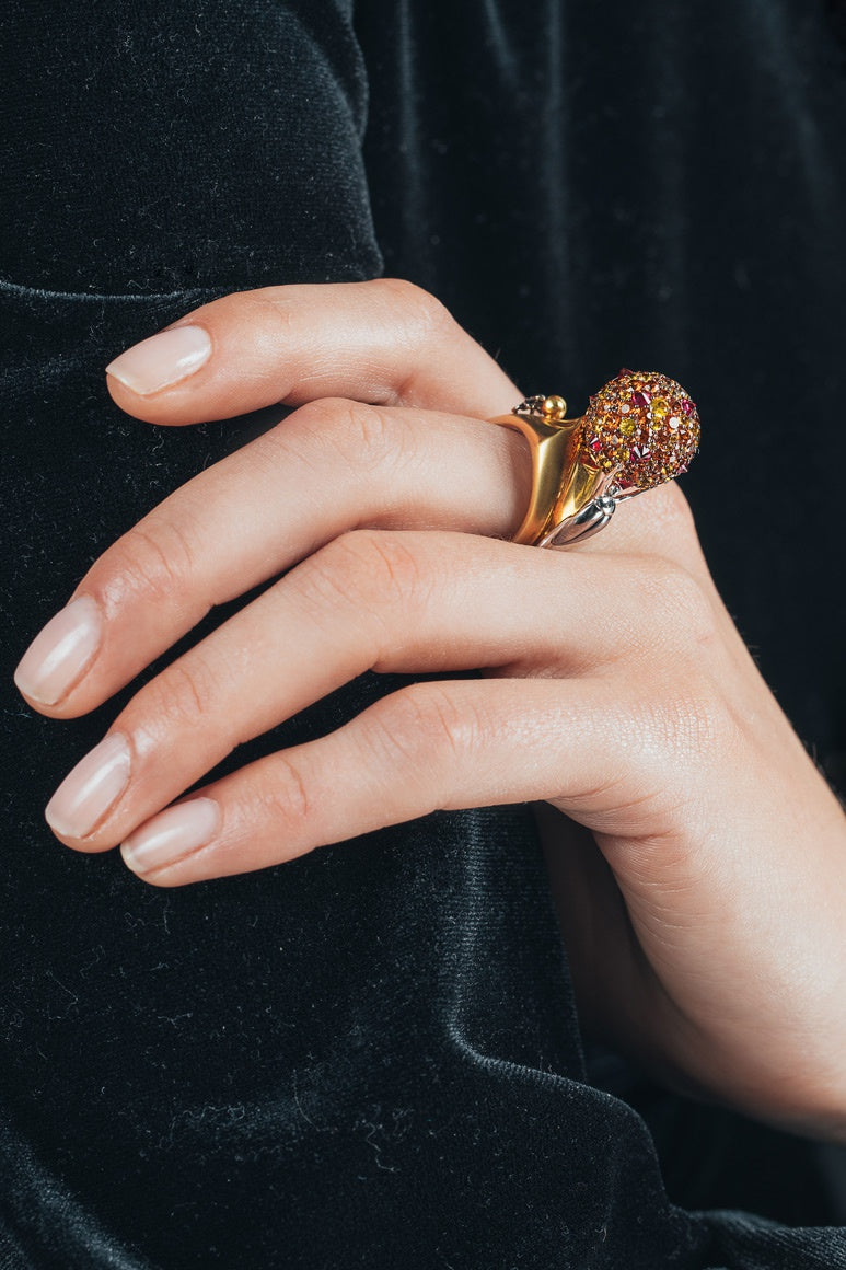 Sisyphus ring white gold and gemstones